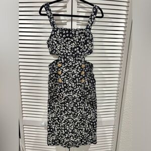 SISSA Floral Cutout Midi Dress Black White Structured Bodice Pockets